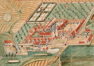 Vogelschauansicht Kloster Karthaus-Pruell 1784 (Bibliothek Kloster Einsiedeln)