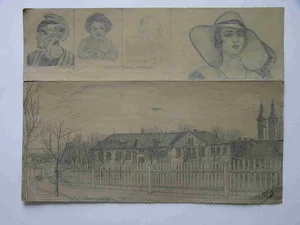 Blatt mit Bleistiftzeichnungen, oben Personen nach Bildvorlagen, unten Haus 10 von Nordwest mit Anstaltsgrenze, datiert 27.04.1932, signiert Fr. Luger (Sammlung Vierzigmann | medbo)